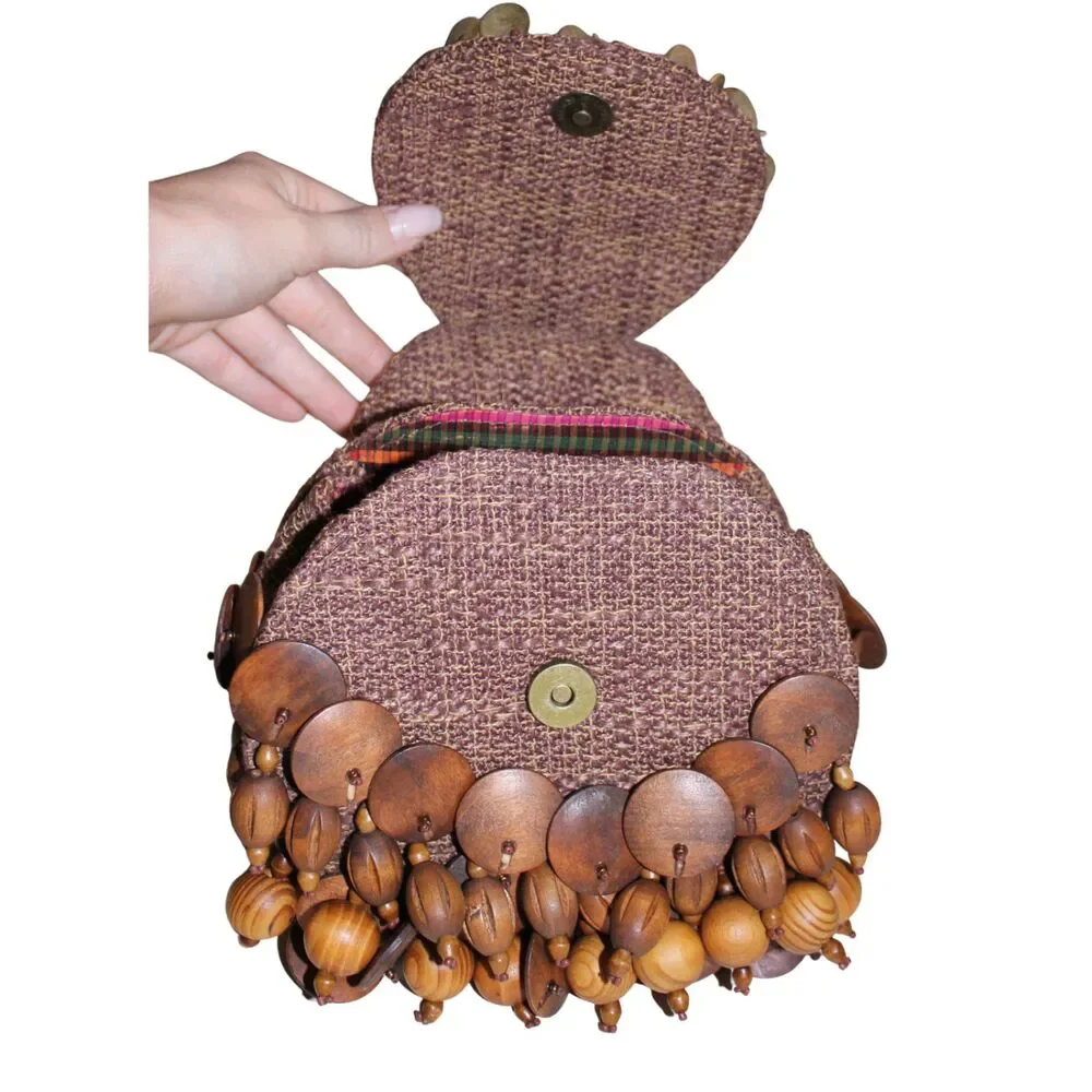 Mary Frances Beaded Wood Fringe Wristlet Bag With COA - Picture 5 of 8